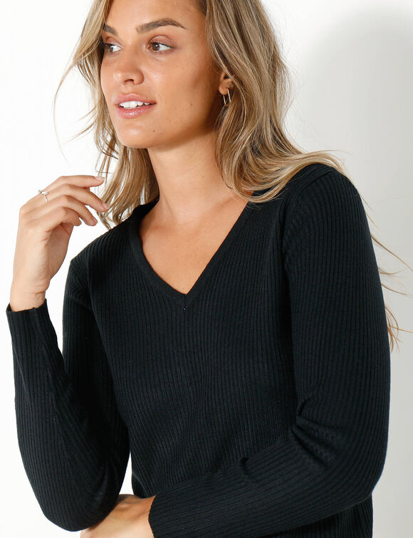 Pull col V, maille côtelée (noir) Pull col V, maille côtelée (noir)